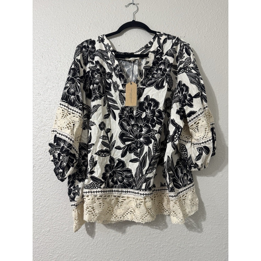 3X Plus Size Womens Top Linen Blend Summer Short Sleeve Floral Boho